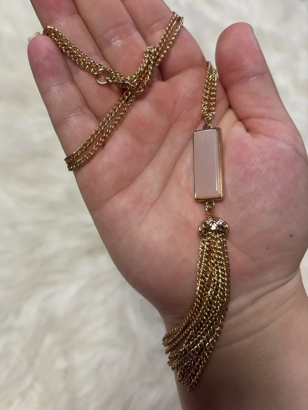 Gold Tassel Pendant Necklace with Pink Stone